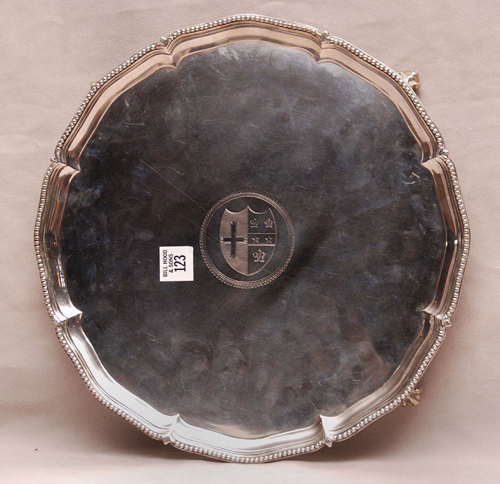 18th c. English hallmarked salver: 18th c. Georgian English hallmarked salver, with lion passant, crowned leopard's head, date letter "A' 1776-1777 and maker IC possibly John Carter II, 34oz