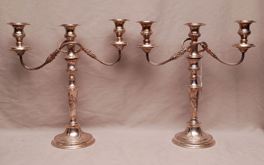 Pair Sheffield silver plate 3 branch candelabra, 1: Pair Sheffield silver plate 3 branch candelabra, 15"h