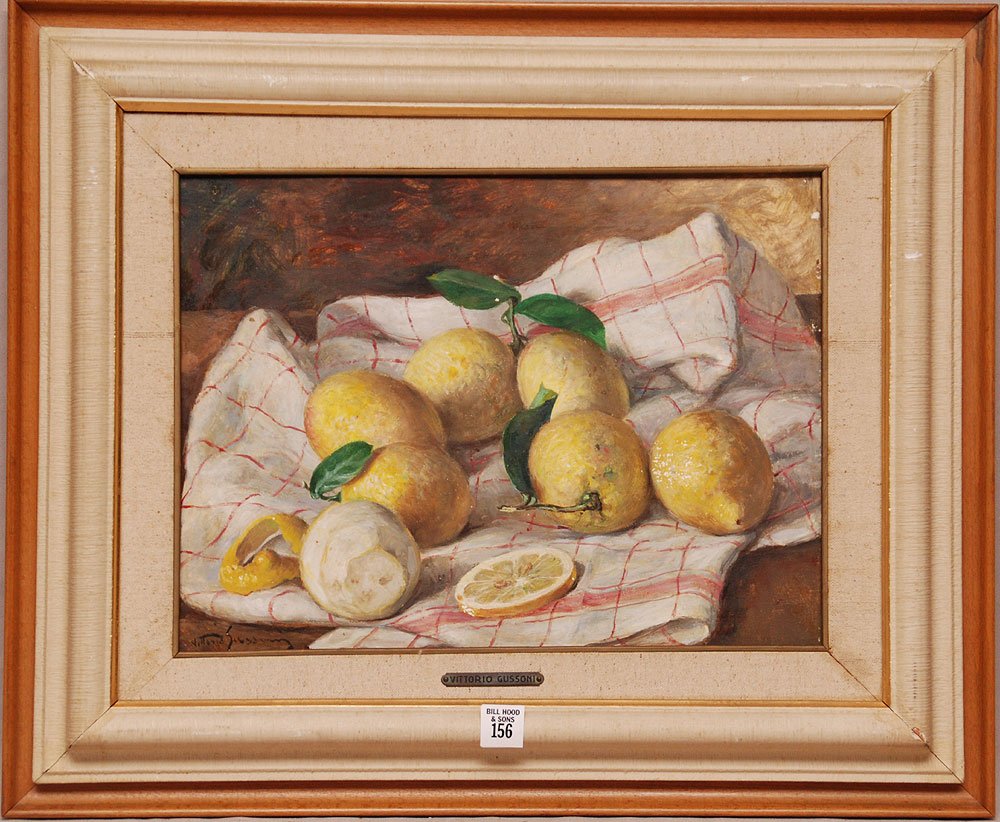 Vittorio Gussoni (Italy 1893 - 1968) oil on board: Vittorio Gussoni (Italy 1893 - 1968) oil on board, still life "Lemons", approx. Painting size is 12" x 15"