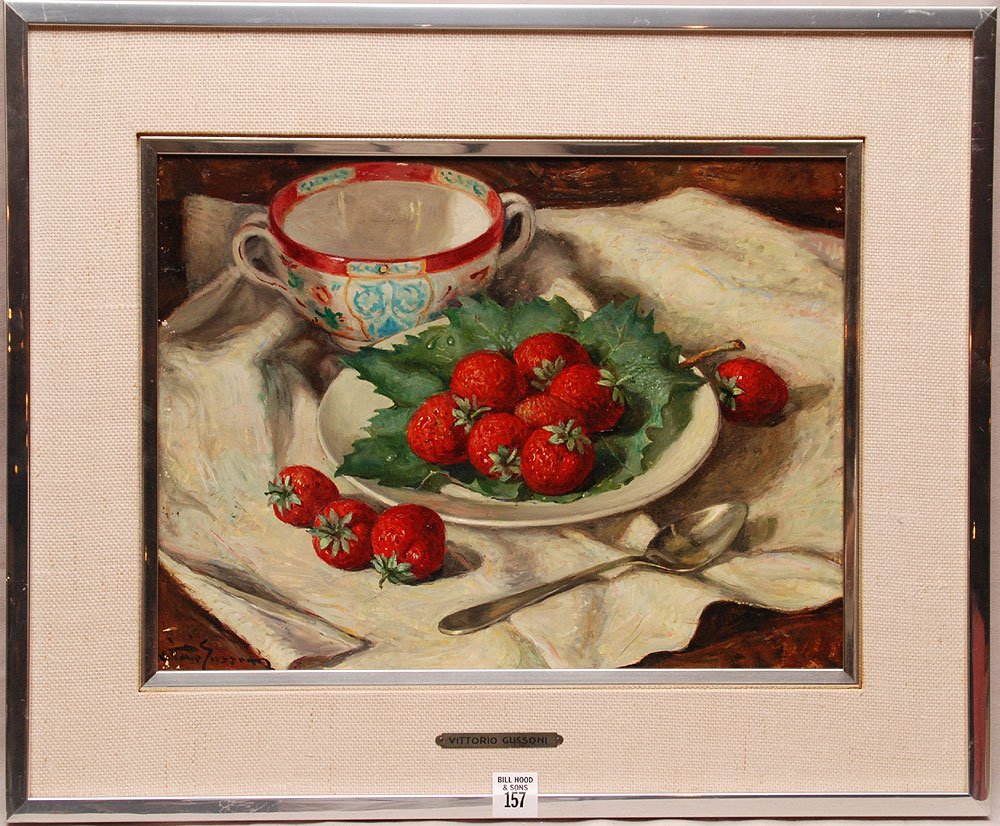 Vittorio Gussoni (Italy 1893 - 1968) oil on board: Vittorio Gussoni (Italy 1893 - 1968) oil on board, still life "strawberries", approx. Painting size is 12" x 16"