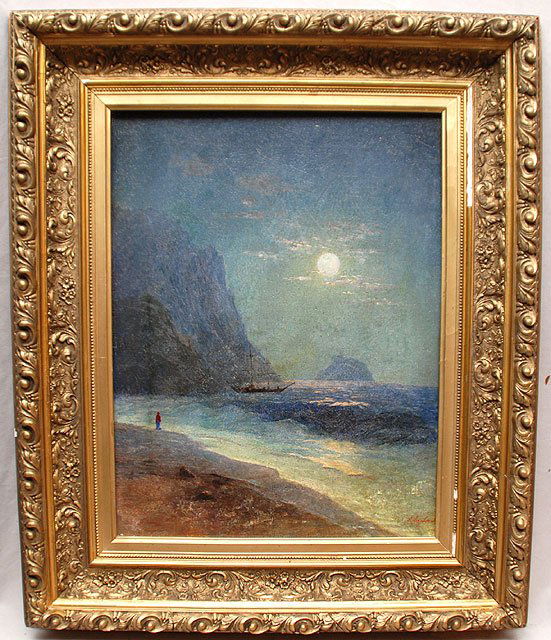 Attributed to Ivan Konstantinovich Aivazovsky (RU: Attributed to Ivan Konstantinovich Aivazovsky (RUSSIAN, 1817-1900) oil on canvas, Coastal Moon Scene, relined in original stretcher in gilt frame (some damage on frame), 22inches x 16.5inches
