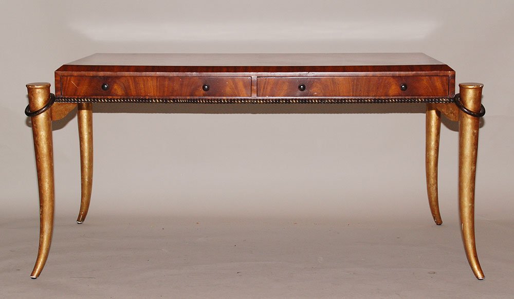 Designer inlay surface writing desk, gilded horn s: Designer inlay surface writing desk, gilded horn shape legs, rope motif accents, label reads Maitland - Smith, 30"h x 59"w x 20"d (small veneer piece missing on top)