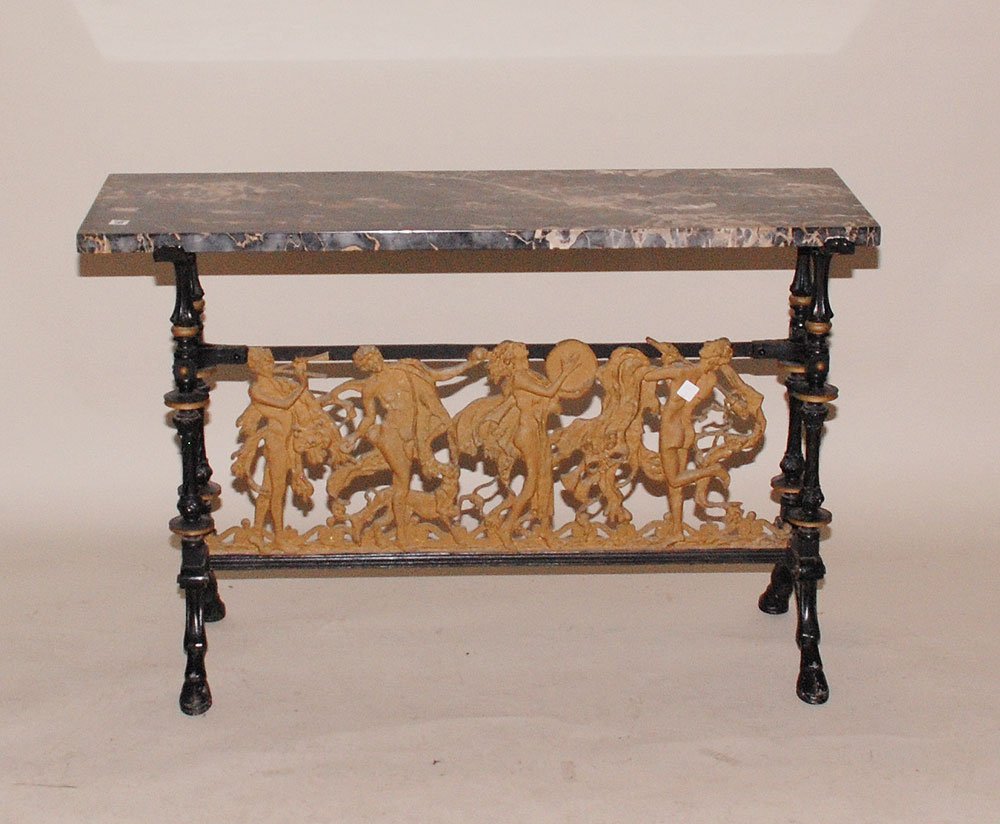 Sofa table, marble top with trestle style supports: Sofa table, marble top with trestle style supports, brass figures with instruments, 29"h x 45"w x 15"d