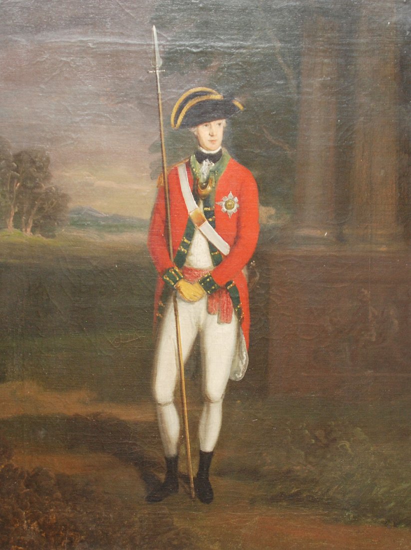 Oil on canvas of “Henry Duke of Buccleuch” in the : Oil on canvas of “Henry Duke of Buccleuch” in the uniform of the South Fencibles (1778-1783),and measuring 24” by 18 ½” and mounted in a double frame of gilt and dark wood. Some loss to the g