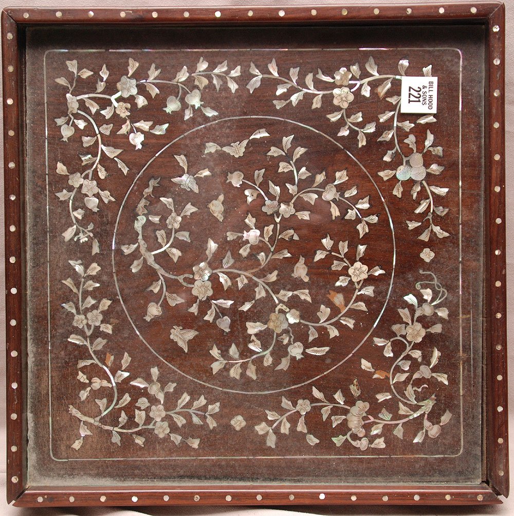 Oriental inlaid mother-of-pearl tray with 2 secret: Oriental inlaid mother-of-pearl tray with 2 secret drawer, glass top, late 19th/early 20th c, 14" x 14" (needs tightening, no damage)