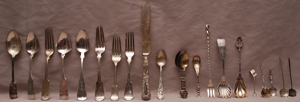 Sterling silver & coin silver, incl; 6 demi-tasse : Sterling silver & coin silver, incl; 6 demi-tasse spoons, 1 sugar spoon (all matching), Indian souvenir spoon, 4 coin spoons, 4 odd pieces sold with 9 pcs. Assorted (mostly plated)