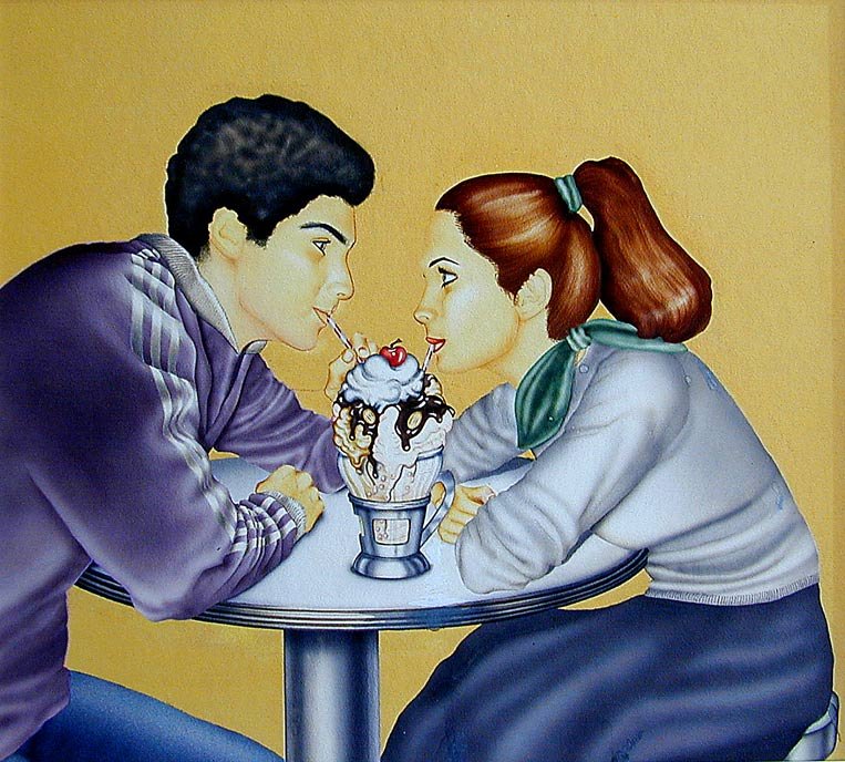 ORIGINAL 1950S W/C ILLUSTRATION Depicting a teena: ORIGINAL 1950S W/C ILLUSTRATION Depicting a teenage couple romantically sharing a sundae; done in watercolor/gouache; unsigned; 11.5" x 13" (sight), good condition.