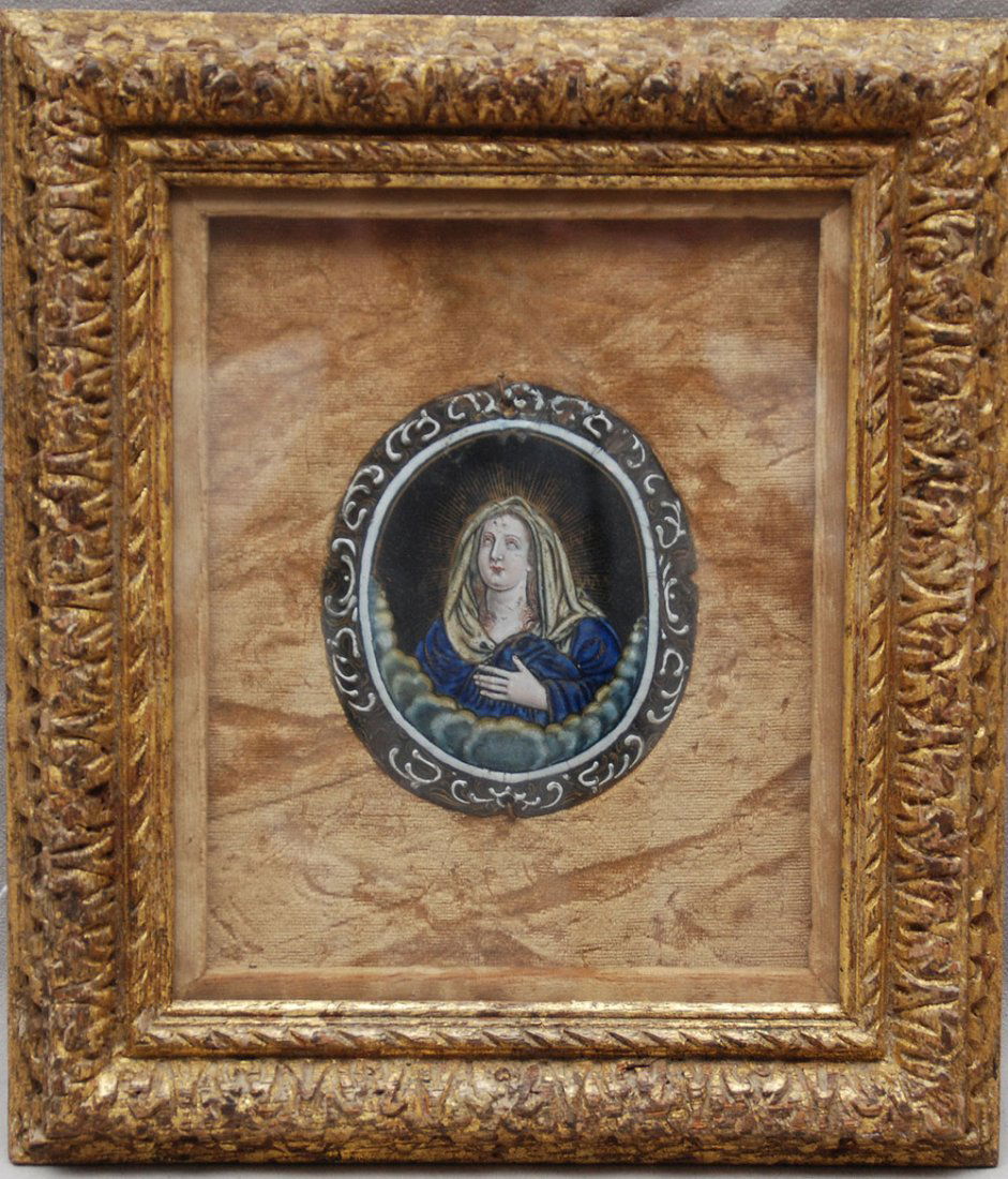 Hand-painted enamel portrait on copper?, circa 162: Hand-painted enamel portrait on copper?, circa 1628-1698, entitled “Nöel Laudin Le Vieux”, oval in shape and measuring 4” by 3 ½” wide, mounted under glass and framed. Some minor cracks arou