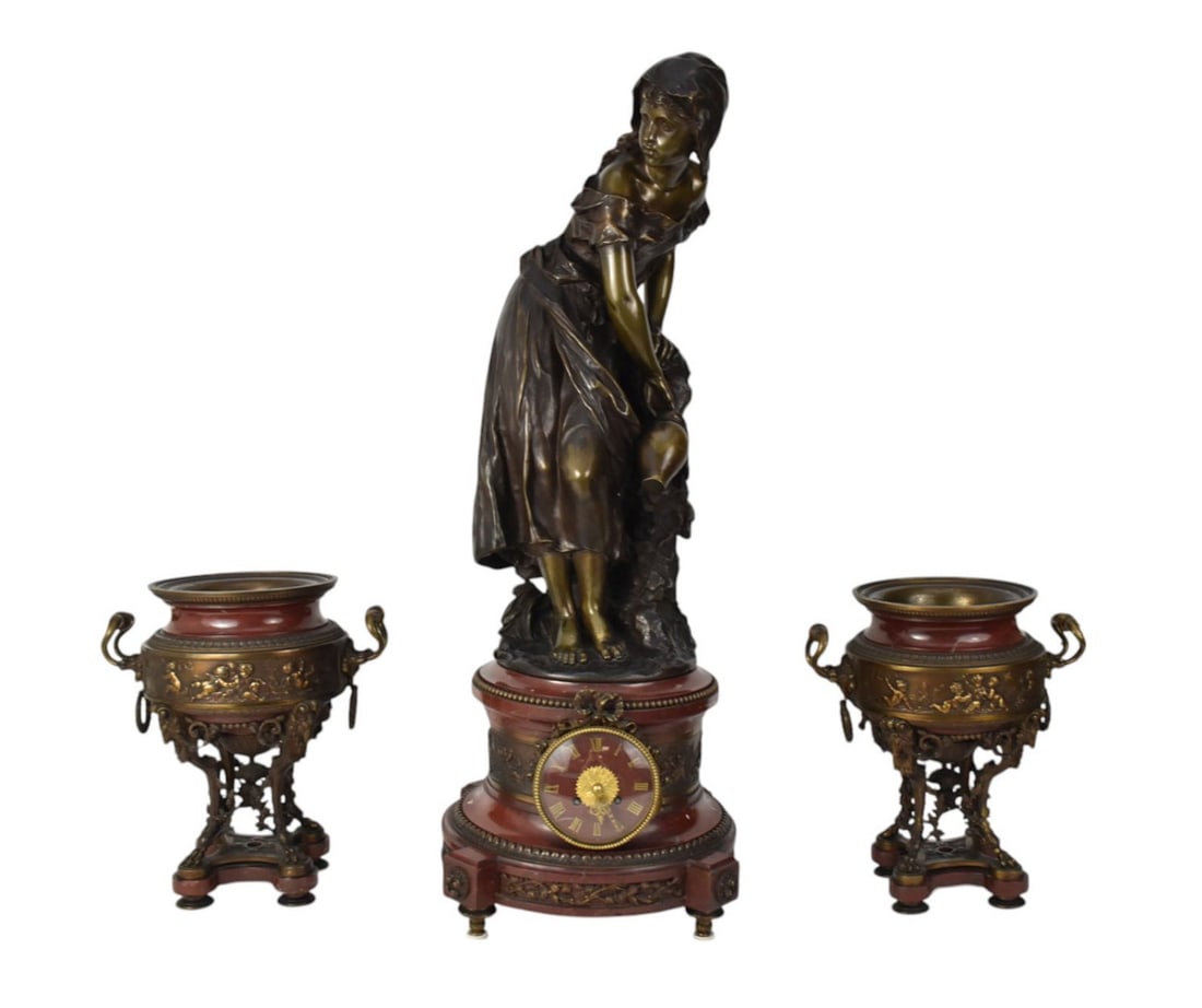 A French Bronze and Rouge Marble Three-Piece Clock Garniture - C. Late 19th Century. The bronze (1 of 16)