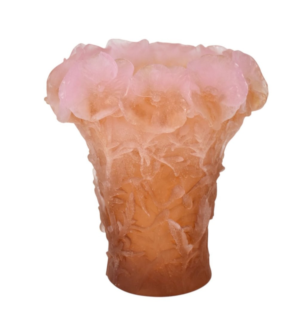 Large French Daum Crystal Pate de Verre Hibiscus Vase, 10" tall x 9 1/2" wide (1 of 9)