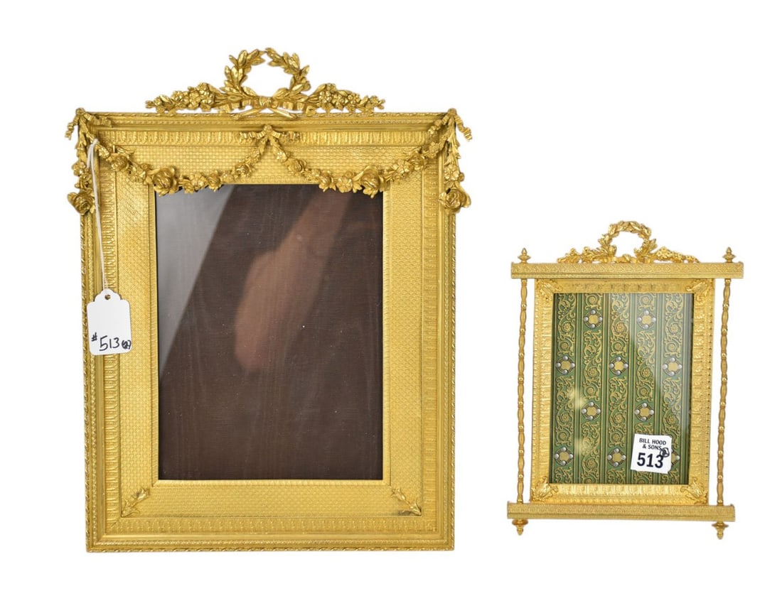2 Gilt Bronze Picture frames, Garland and Laurel Leaf Motif, 13 1/2" x 10 1/2", 8 1/2" x 6" (1 of 5)