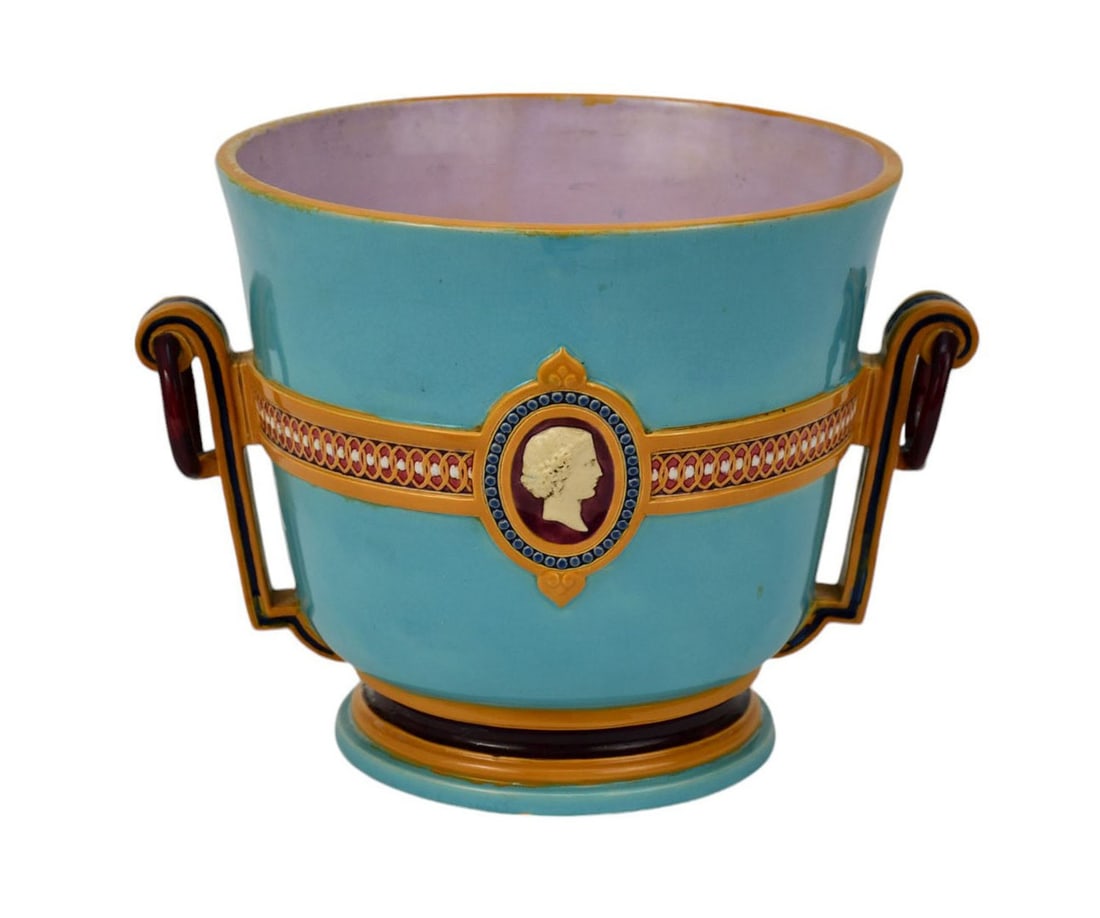 19th Century English Minton Majolica Jardiniere - An English pottery, turquoise ground urn-form (1 of 8)