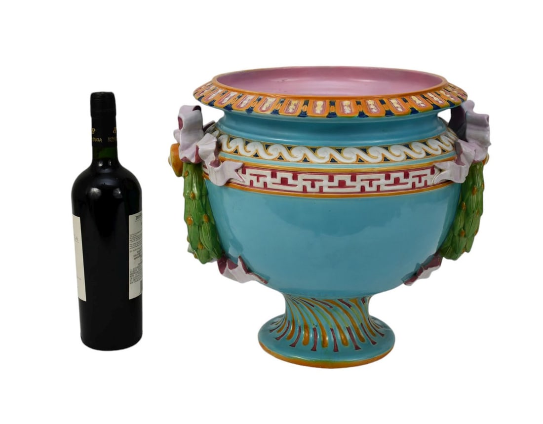 Minton Majolica Jardiniere, C. 19th Century - English Minton Majolica pottery footed jardiniere, (1 of 6)