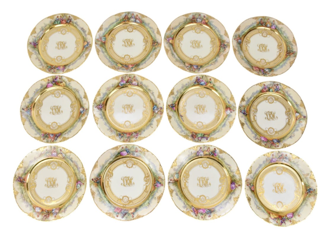 Twelve Rosenthal Versailles Monogrammed Plates, C. 1900 - Germany. Each piece with central gilt (1 of 14)
