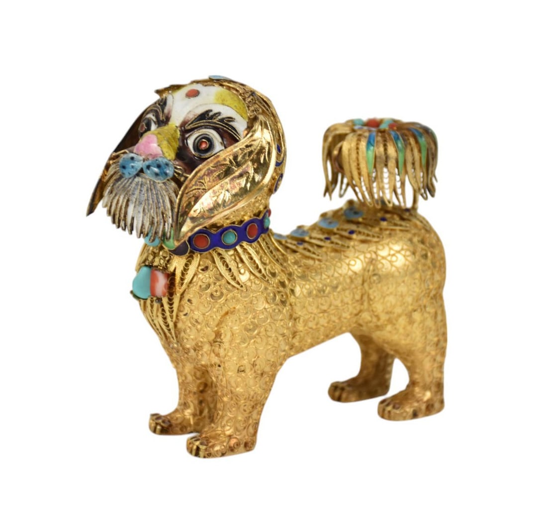 Vintage Chinese Silver Filigree Enamel Foo Dog Figurine - A gilt silver filigree standing dog (1 of 7)