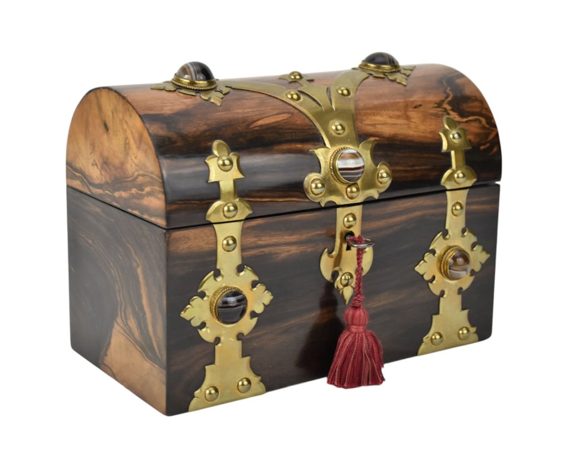 Victorian Domed Coromandel Stationary Box, C. 1860 - Domed wood box with brass mounts and agate (1 of 6)
