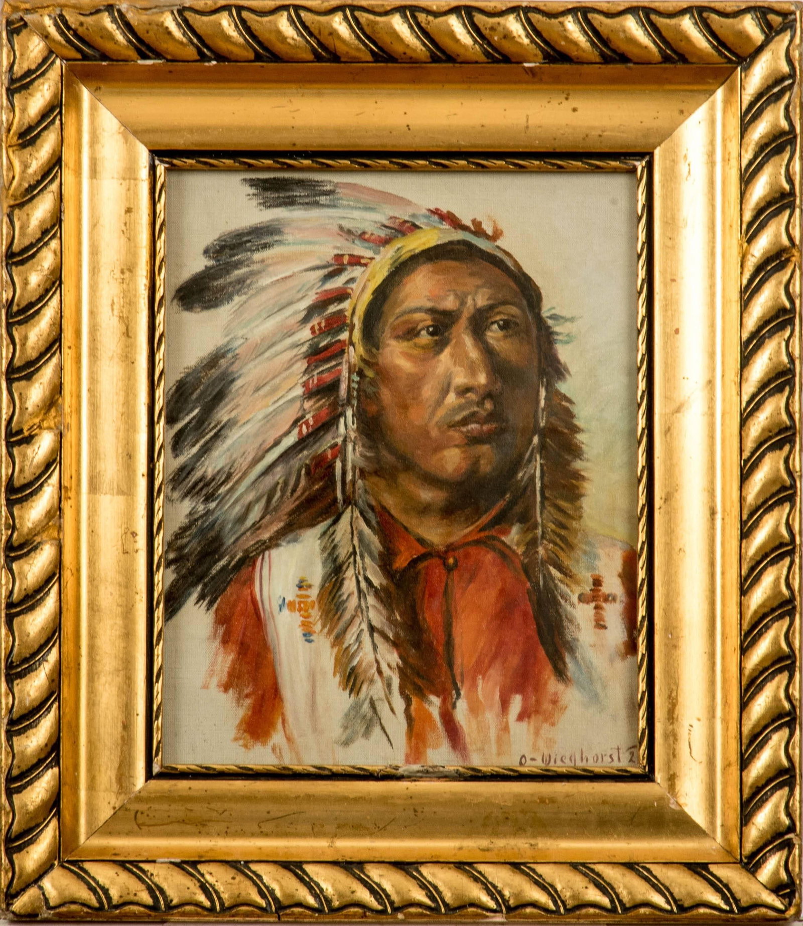 Olaf Wieghorst (American 1899-1988) Chief/Eagle Headdress, oil on canvas on board, approx. 10-1/2 x (1 of 2)