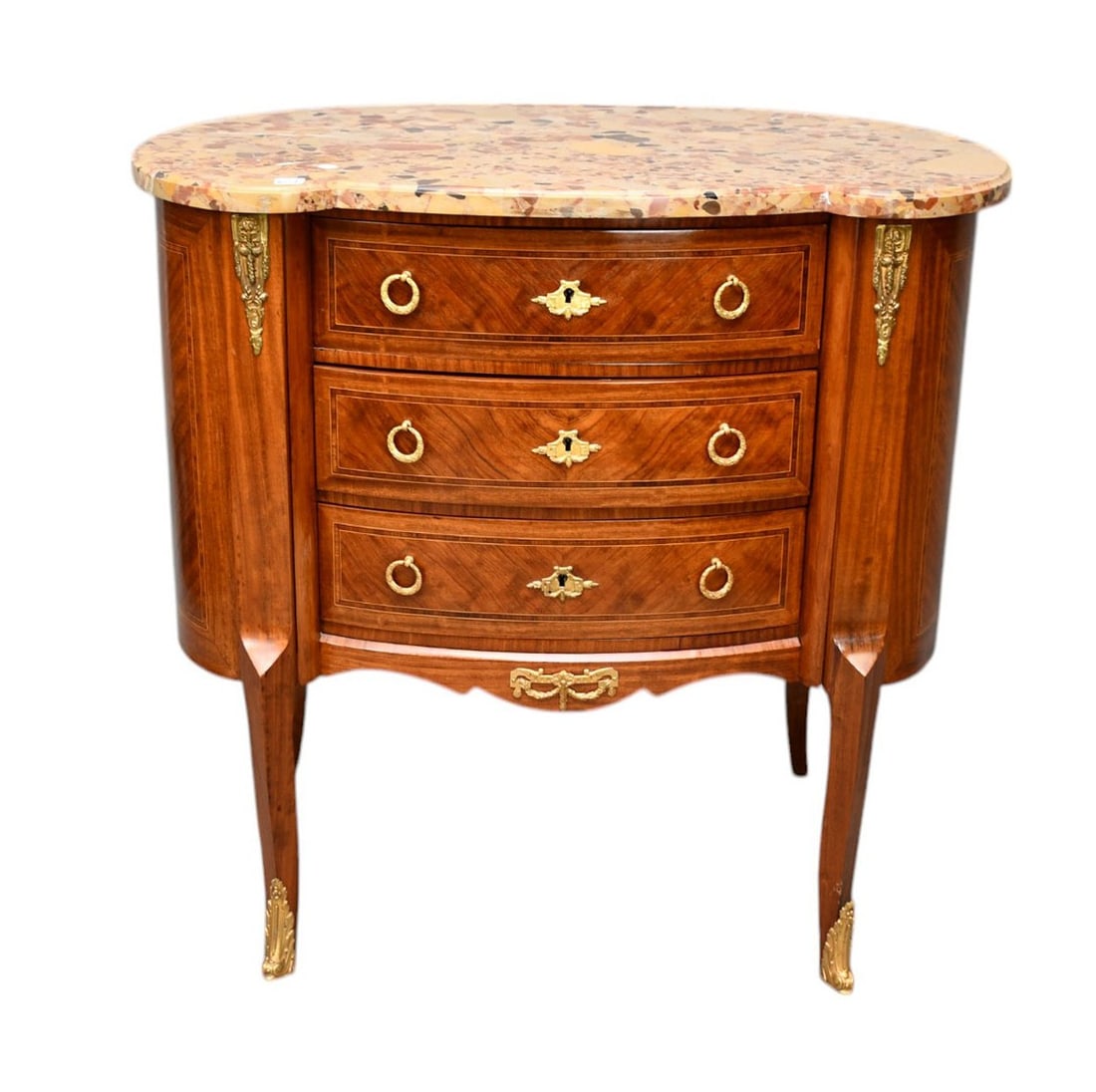 French Mahogany Parquetry Side Table, Bowed Form with 3 Drawer Gilded Bronze Mounts, 35"H x 35"w x (1 of 13)