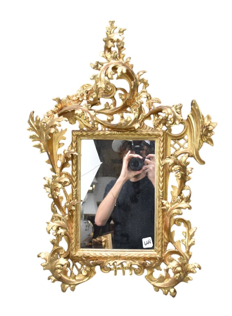 Antique Italian Florentine Giltwood Mirror, Finely Carved Acanthus Leaves & Flowers, 29"h x 20"w (1 of 6)