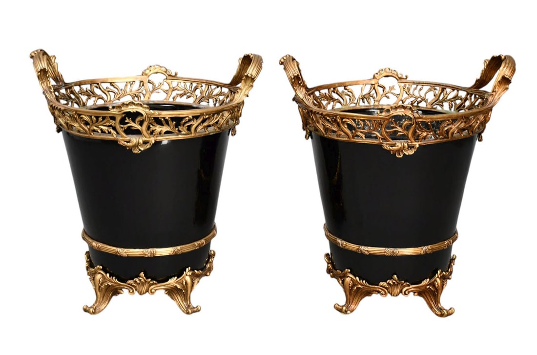 Pair 20th c. Porcelain & Bronze Mounted Jardinieres, 21"h x 19"w x 16"d (1 of 5)