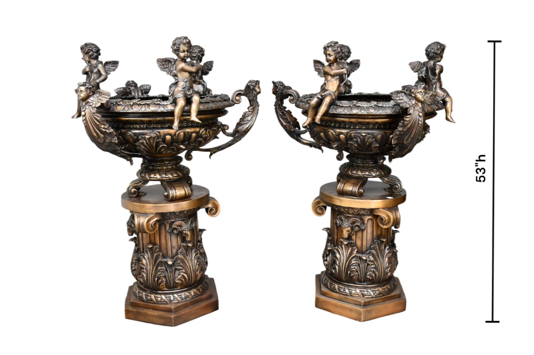 Pair of Bronze 20th Century Monumental Planters With 3 Seated Angels on Rim of Each (1 of 9)