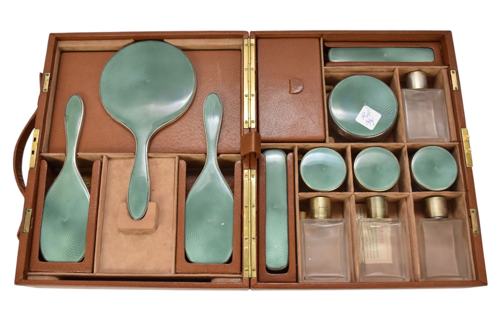 Guilloche Enamel & Sterling Vanity Dresser Set, incl; 13 Pcs, Brown Leather & Suede Fitted Case All (1 of 11)