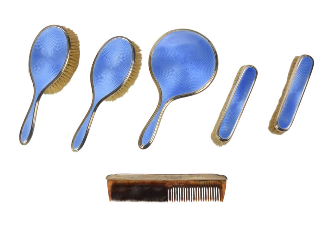 A Guilloche Enamel & Sterling Lady's Vanity Set - A six piece set of brushes, mirror and cob. (1 of 10)