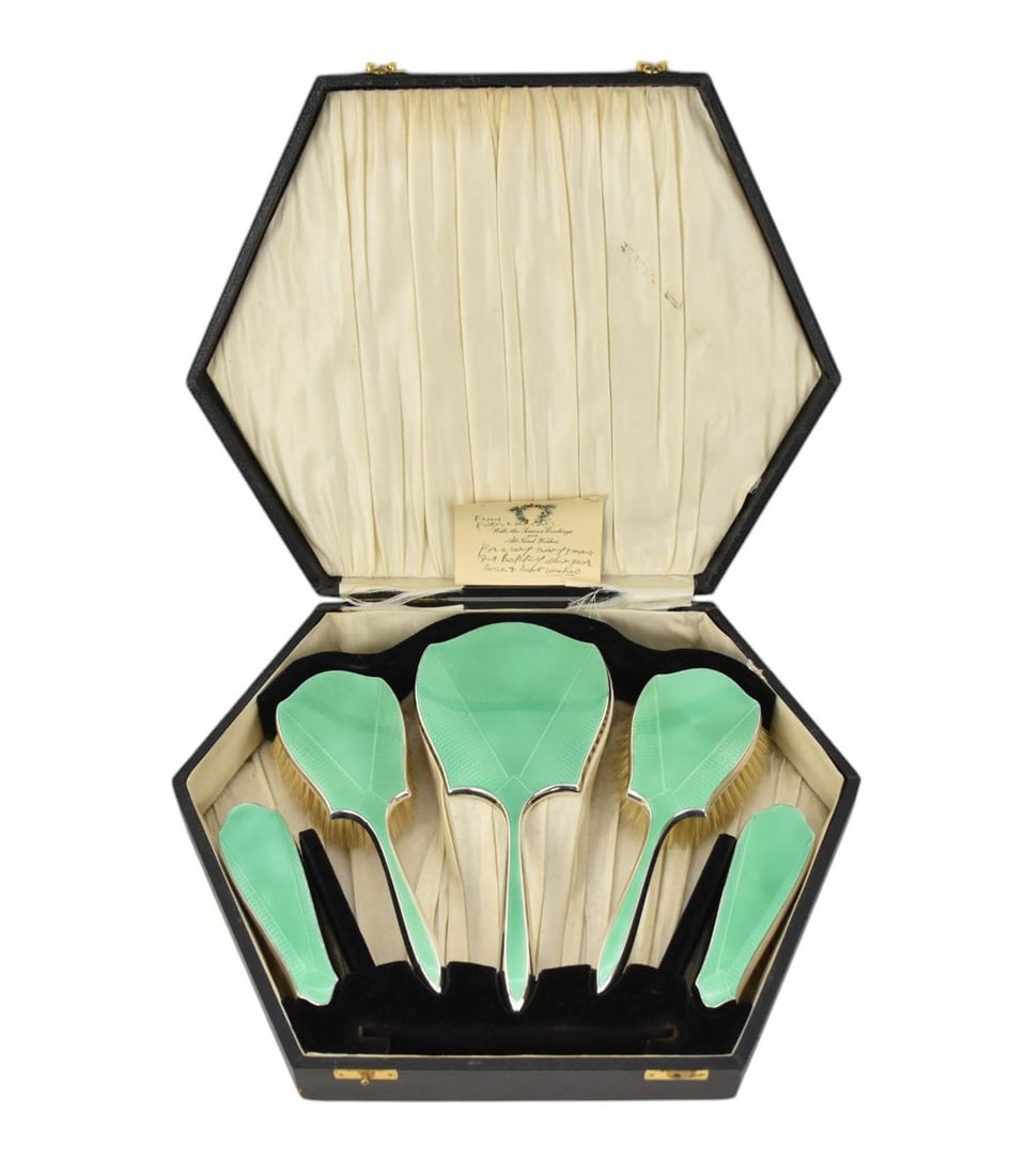 Vanity Dresser Set, incl; 5 Pcs, Fitted Hexagonal Worn Silk Lined Box, Each Piece In A Beautiful (1 of 10)