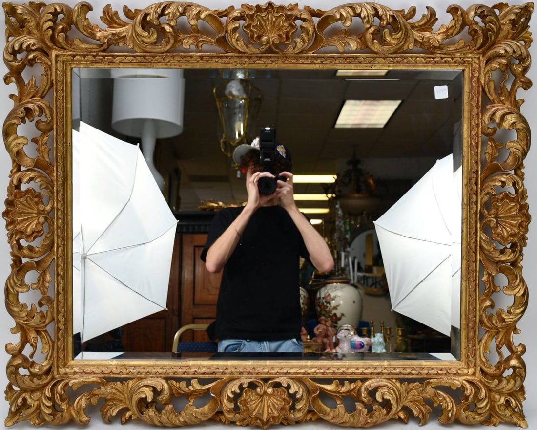 20th Century Giltwood Mirror, Carved Frame Beveled Mirror, Stylized Acanthus Leaf & Shell Design, (1 of 4)