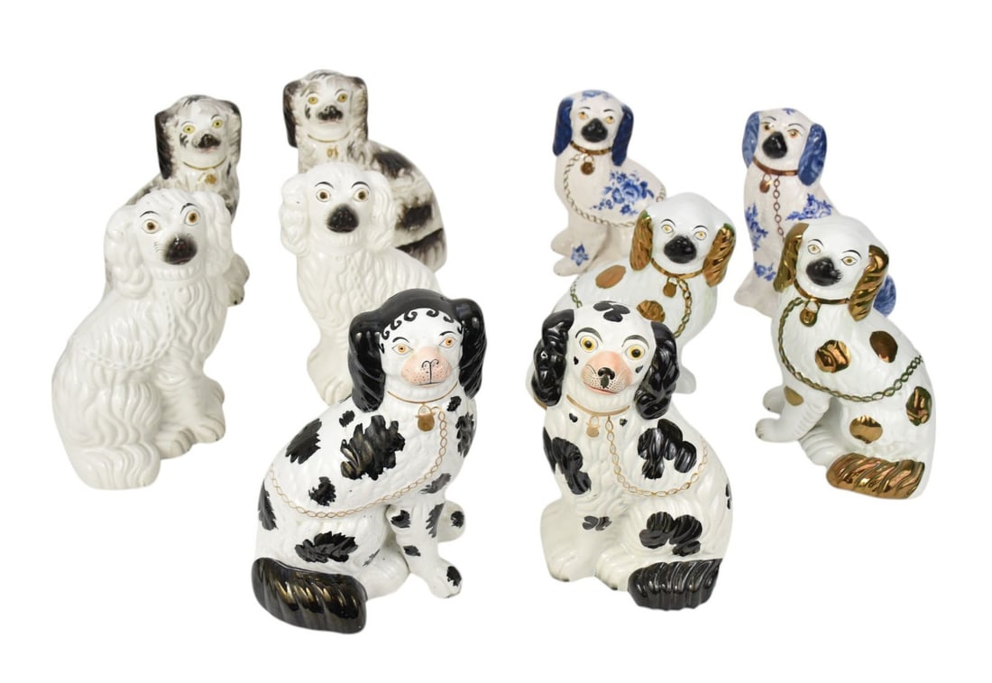 10 Assorted Staffordshire Pottery Seated Dogs, 9 1/2"h tallest (1 of 13)