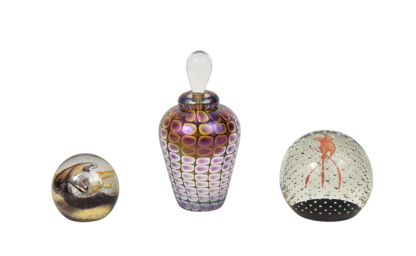 2 Caithness Scotland Glass Paperweights, (2"h & 2 1/2"h) AND Signed Art Glass Perfume Bottle with (1 of 11)