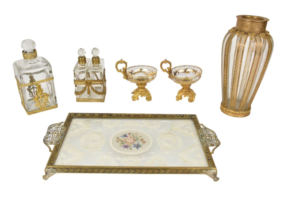 Vanity Tray in Brass Frame, Ormolu Scent Bottle in Gilded Frame (7"h), 2 Perfume Bottles in Gilded (1 of 9)