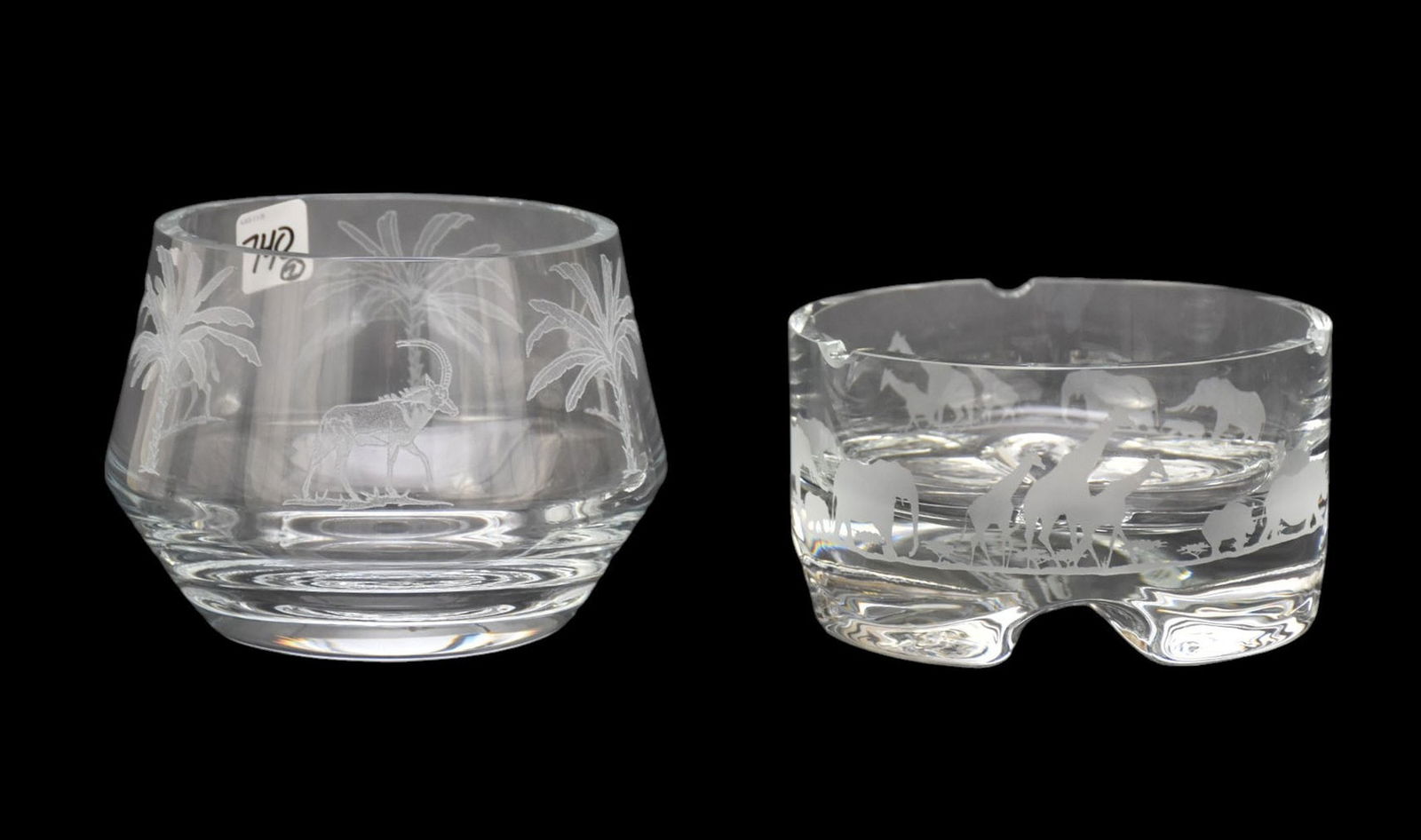 2 Signed Erika Van Dewark Glass Pcs, Ashtray with Etched Jungle Animals (3 1/2"h x 6 1/2"dia) AND (1 of 11)