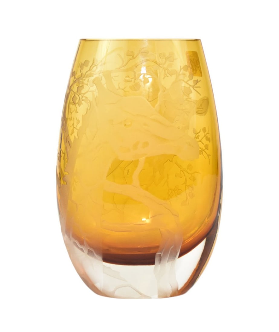 Signed Erika Van Dewark Glass Vase, Amber Color with Etched Giraffes, 10"h x 4 1/2"dia opening (1 of 7)