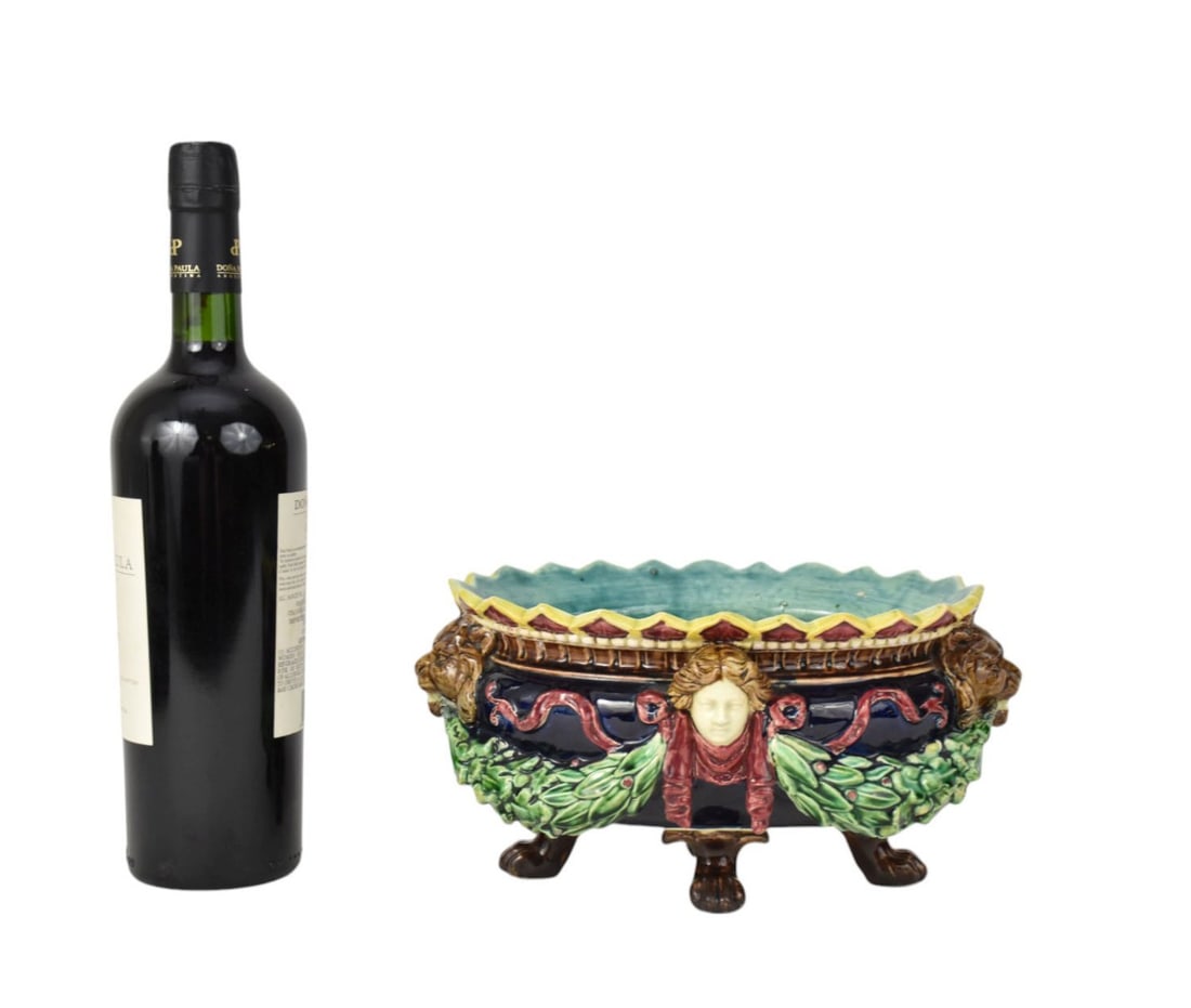 Antique French Majolica Planter, Garland with Lion Heads on Each End and Claw Feet, Marks on Bottom, (1 of 7)