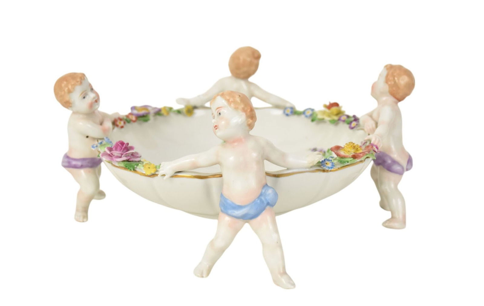 German Porcelain Van Schlerholz Centerpiece Bowl, Figural Supports with Applied Flowers, 4 1/2"h x (1 of 9)