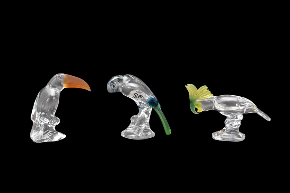 3 Royales De Champagne Crystal Birds, Blue, Green, Brown Accents, Signed, 4"h, 4 1/2"h & 5"h (chip (1 of 10)