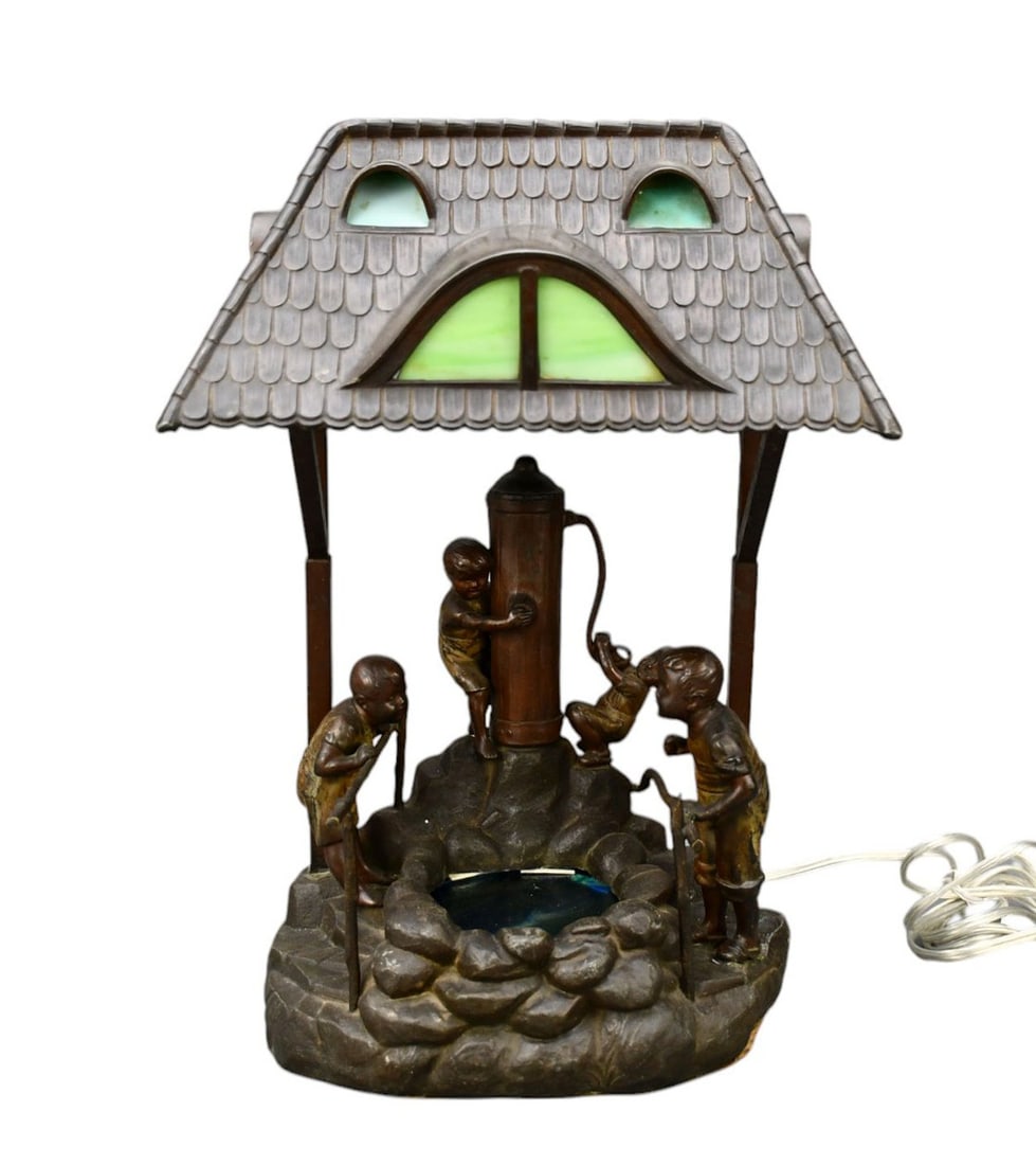 Arts & Crafts Lamp with Slag Glass Roof/Shade, 4 Young Children At Well, Lights From Top & Bottom, (1 of 15)
