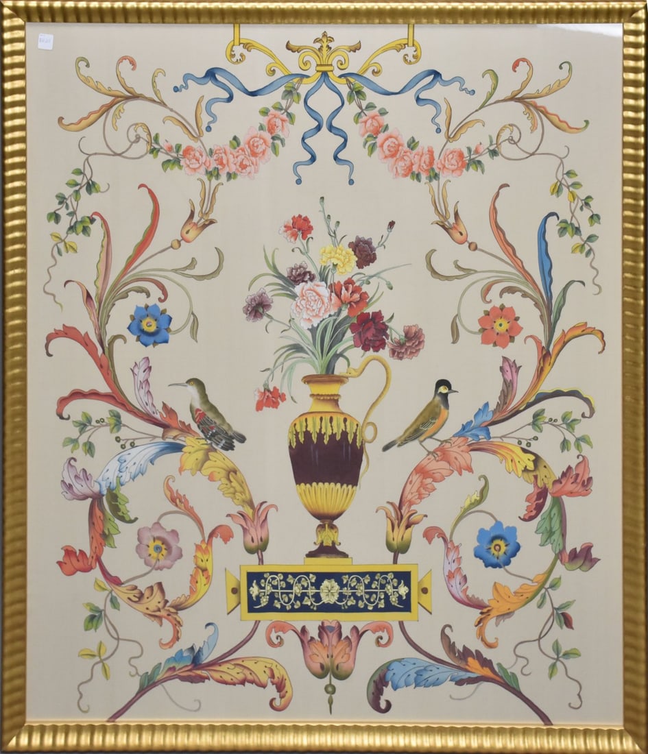 20th century decorative painting on silk, urn, floral, and bird motif, 44 1/2" x 50 1/2" overall (1 of 7)