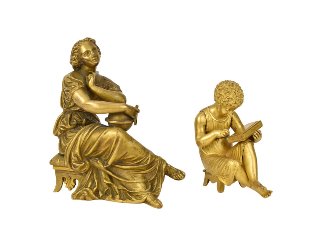 Two French Gilt Bronze Figures, Child and Woman, C. 19th Century - Two gilt bronze figures. One (1 of 7)