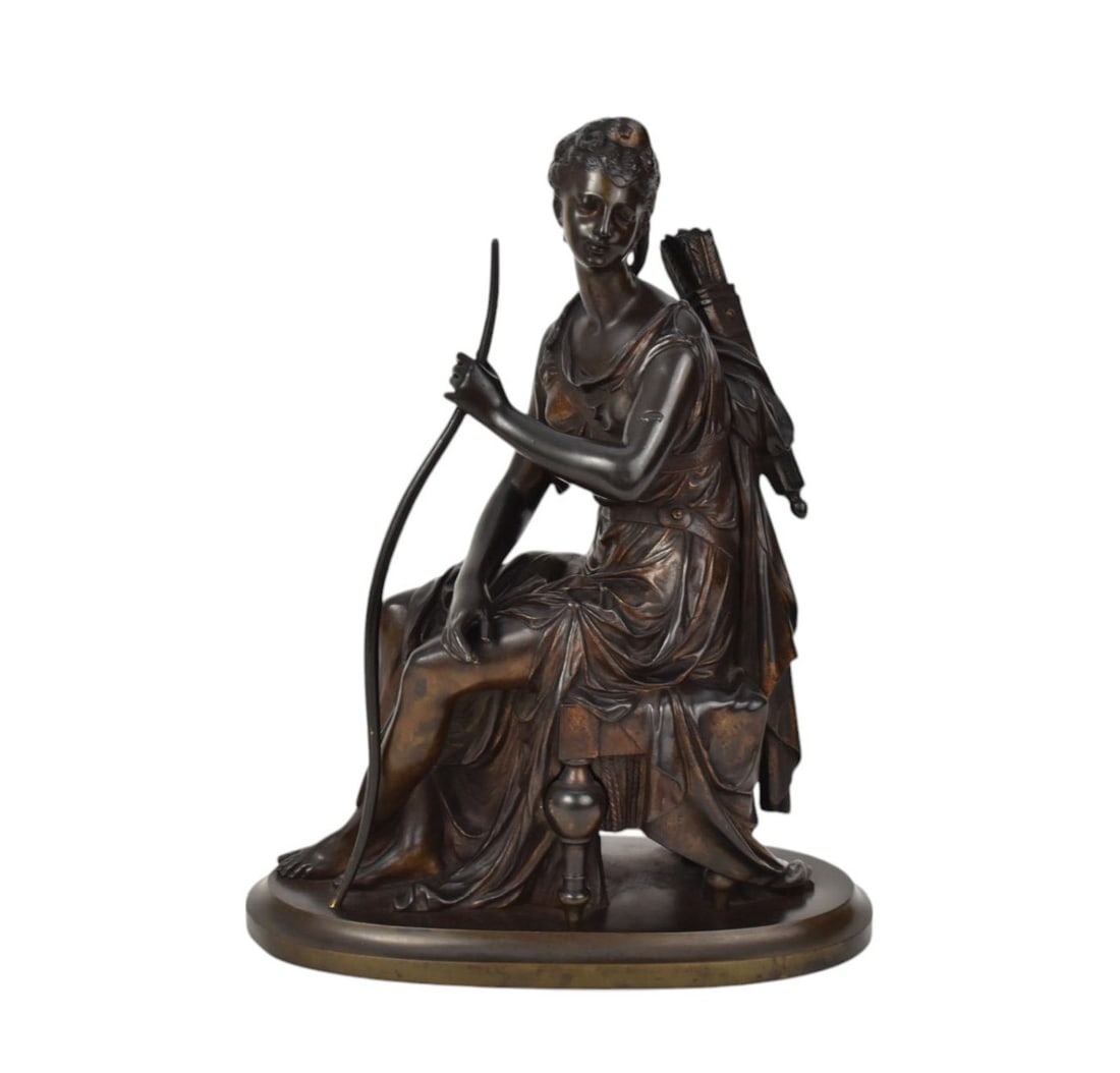 A French Bronze Figure of Diana, C. 19th Century - A patinated bronze figure of a seated classical (1 of 5)