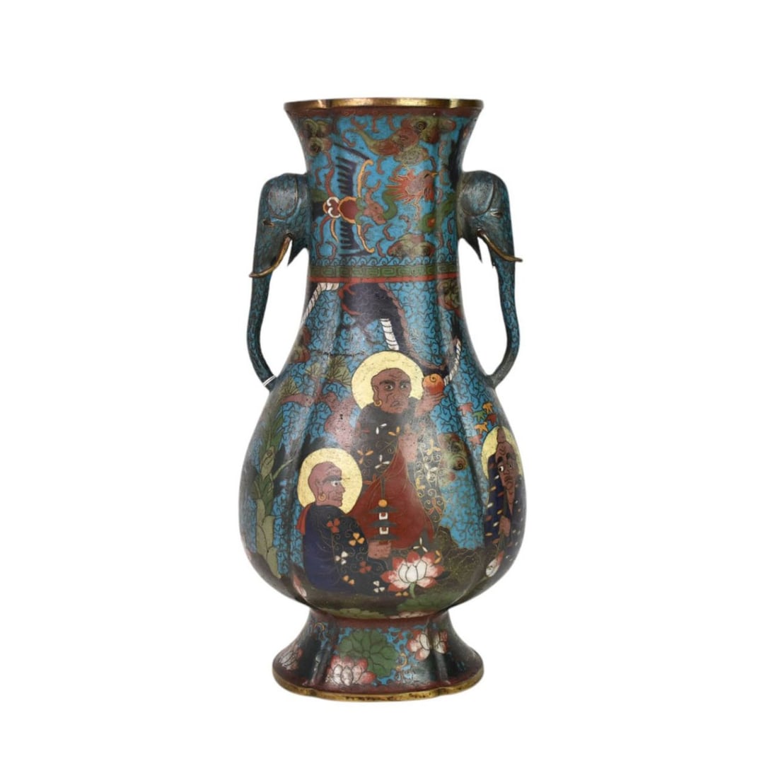 19th Century Chinese Cloisonne Vase, Immortal Figures - A cloisonne on brass Hu-form vase. Featuring (1 of 13)