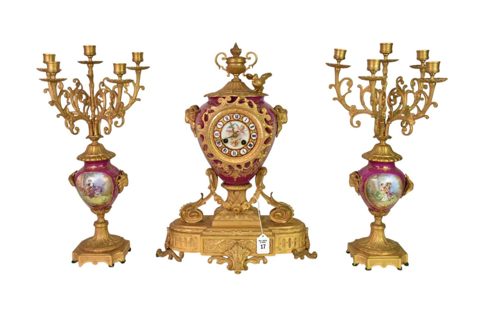 Antique French Gilt Bronze & Porcelain Sevres Style Clock Garniture Set - C. Late 19th - early 20th (1 of 19)