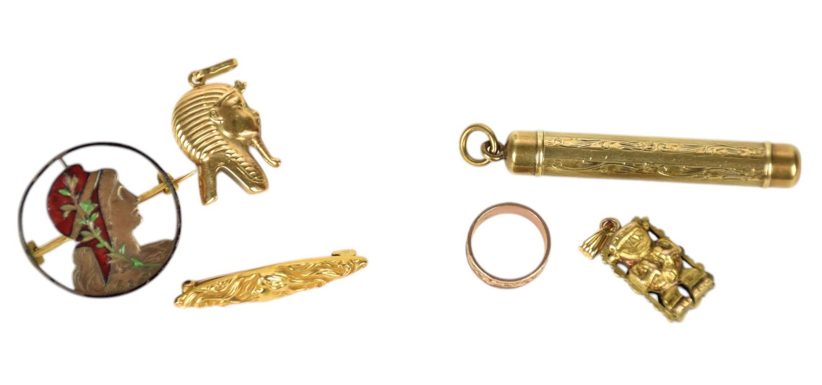 10K & 14K Yellow Gold Lot.  3 grams of 14K lapel pin and Pharaoh Pendant. 10K Pencil, Inca charm, (1 of 4)
