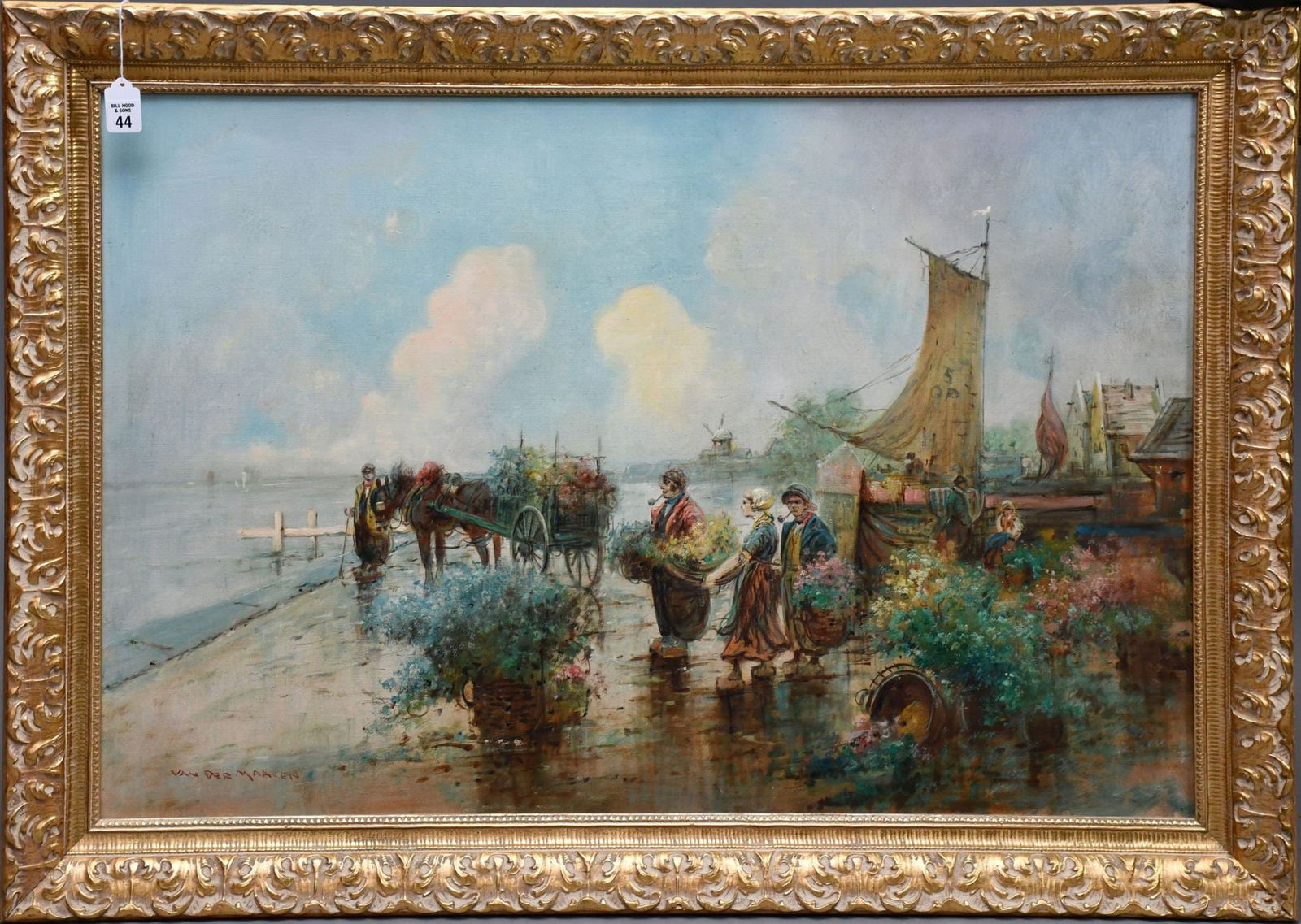 Van Der Maalen (Dutch, 1878) oil on canvas, "Flower Market", signed lower left, label on reverse, (1 of 5)
