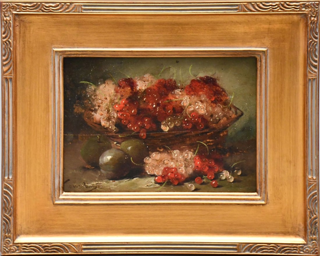 19th Century Fall River School, Still Life of Fruit, signed illegibly lower left, panel size 9 x 12 (1 of 3)