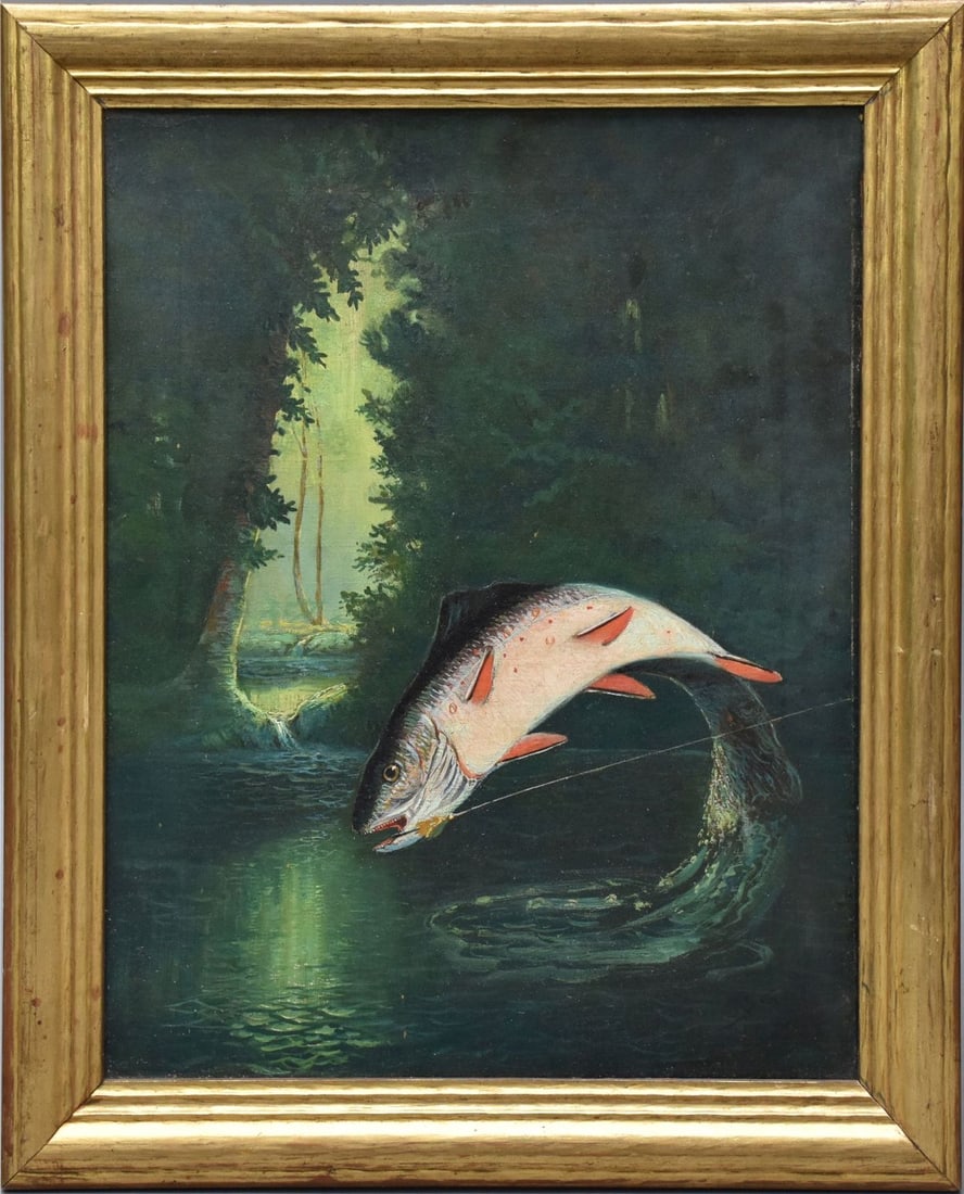 William Curry (late 19th early 20th century) Jumping steal head Trout, oil on relined canvas, canvas (1 of 7)