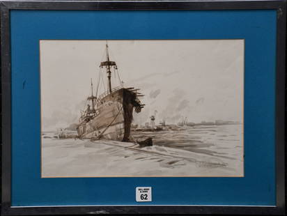 Anthony Thieme (American 1888 - 1954) Watercolor on paper- large ship docked in port, sight size: Anthony Thieme (American 1888 - 1954) Watercolor on paper- large ship docked in port, sight size 9-1/2 x 13-1/2 inches framed under glass overall 15 x 19 inches.