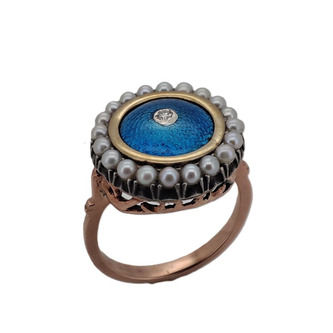 Vintage Russian Imperial Era 14 K Rose Gold Diamond Enamel Pearl Engagement Ring. Total weight: 6.1 (1 of 5)