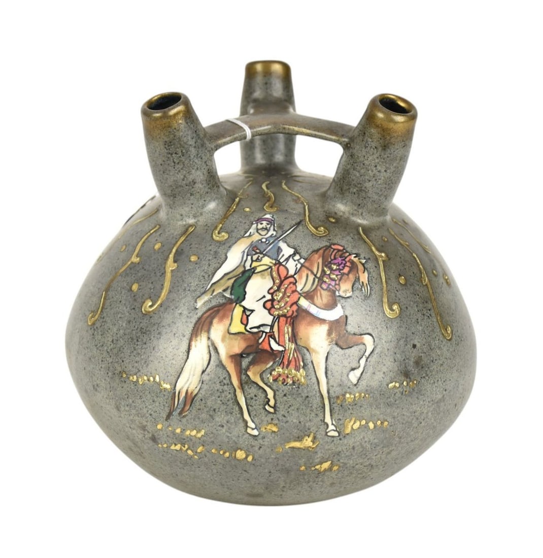 Amphora Stellmacher Teplitz Pottery Triple-Spouted Vessel - A globular pottery vessel with three: Amphora Stellmacher Teplitz Pottery Triple-Spouted Vessel - A globular pottery vessel with three spouts and handle. Gray mottled glaze. Featuring a rider on an Arabian Horse. Underside with impressed